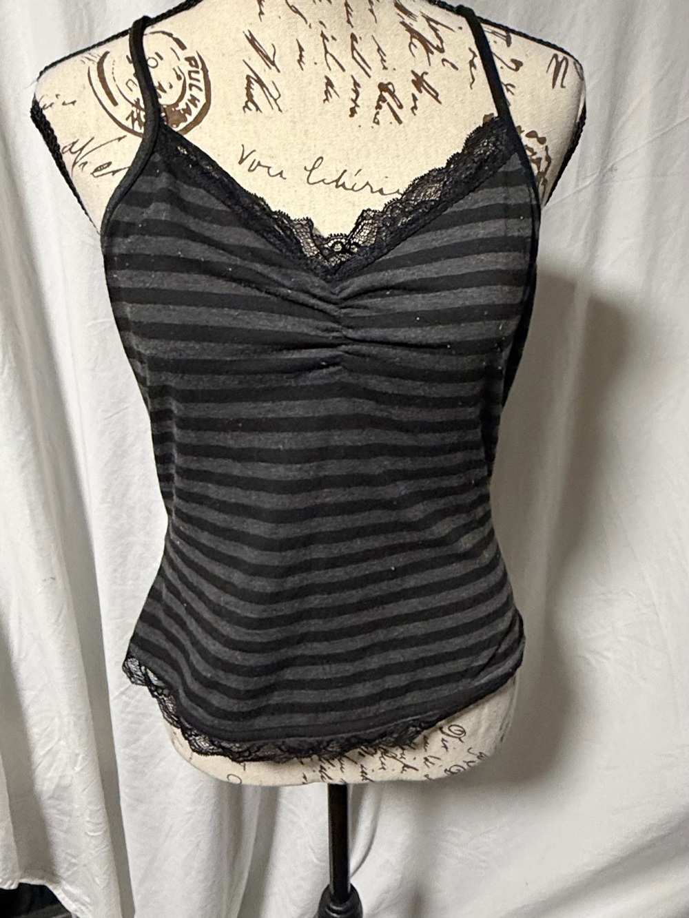 SHEIN Black & Charcoal Striped Lace-Trim Cami